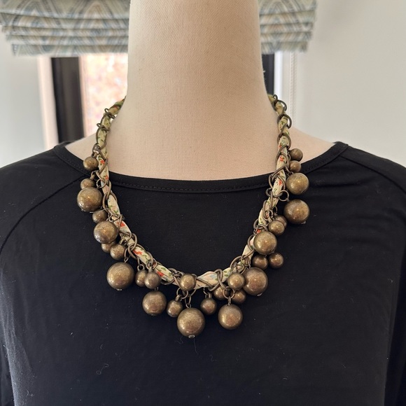 Flowered Ribbon & Brass Bead Statement Necklace - Picture 1 of 14